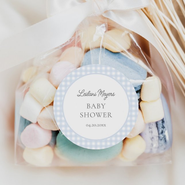Pale Blue Gingham Classic Boys Baby Shower Round Sticker (Creator Uploaded)
