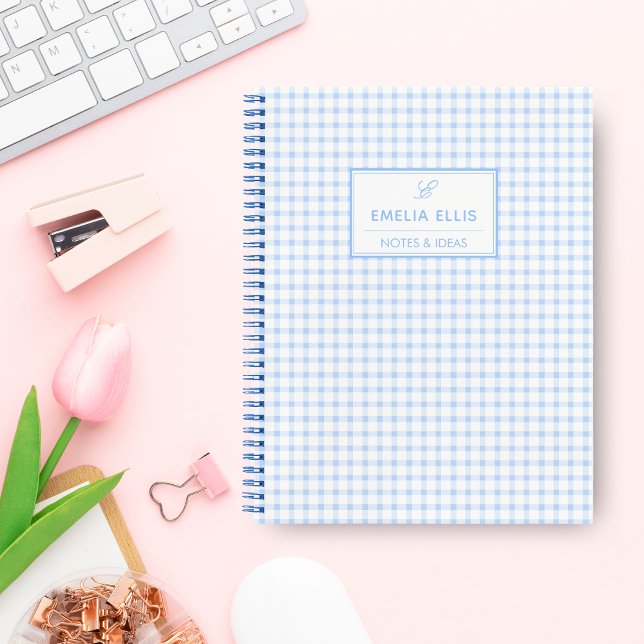 Pale Blue Gingham Grandmillennial  Monogram Name Notebook (Creator Uploaded)