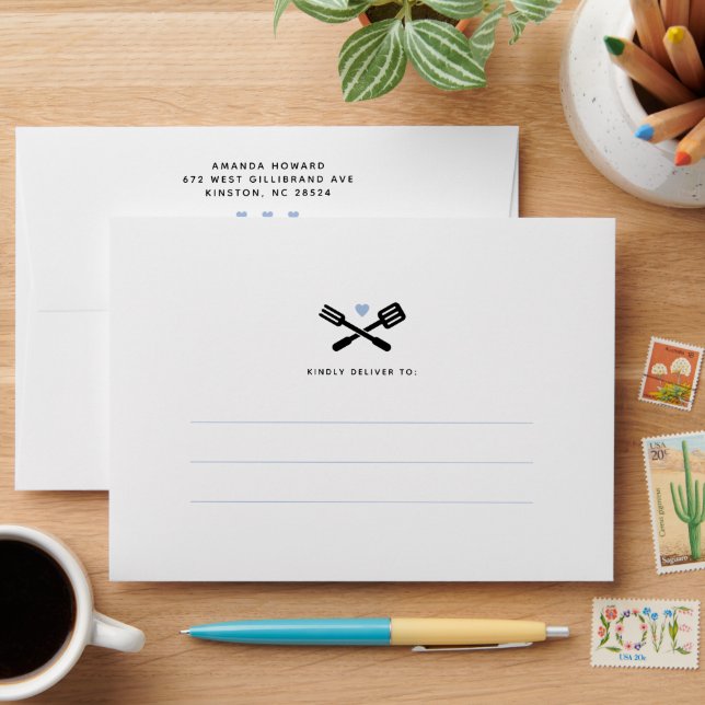 Pale Blue Gingham Plaid Baby Shower BBQ Envelope (Desk)