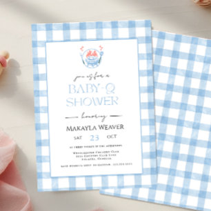 Pale Blue Gingham Plaid Baby Shower BBQ Invitation