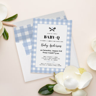 Pale Blue Gingham Plaid Baby Shower BBQ Invitation