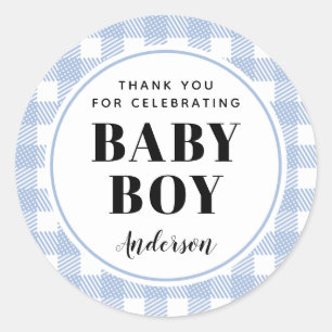 Pale Blue Gingham Plaid Thank You Baby Boy Classic Round Sticker