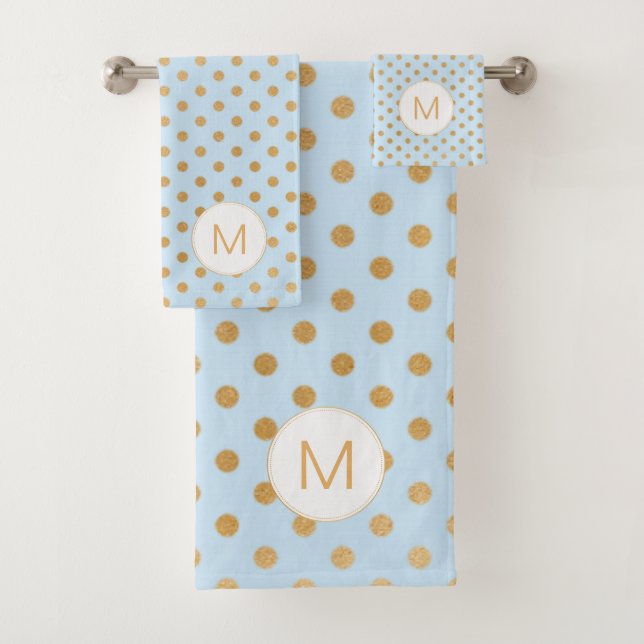 Pale Blue gold dot monogram bathroom Bath Towel Set (Insitu)