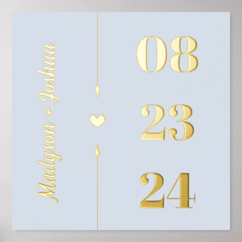 Pale Blue Gold Heart Arrows Names Anniversary Date Foil Prints