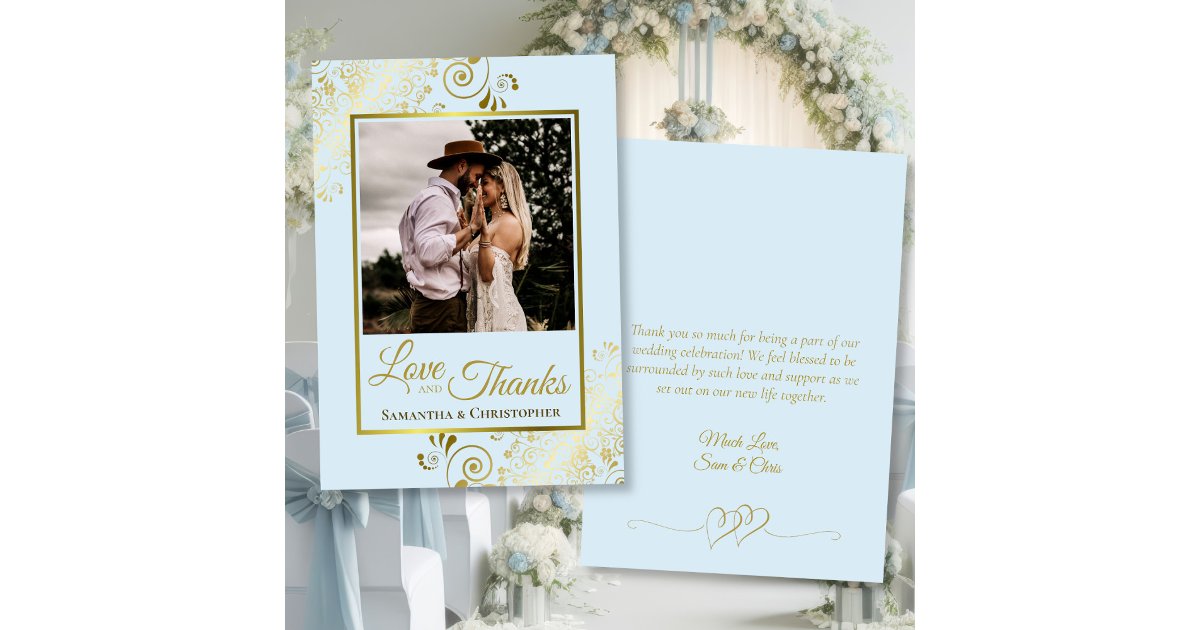 Pale Blue & Gold Love Thanks Photo & Note Wedding Thank You Card | Zazzle