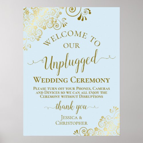 Pale Blue  Gold Unplugged Wedding Ceremony Poster