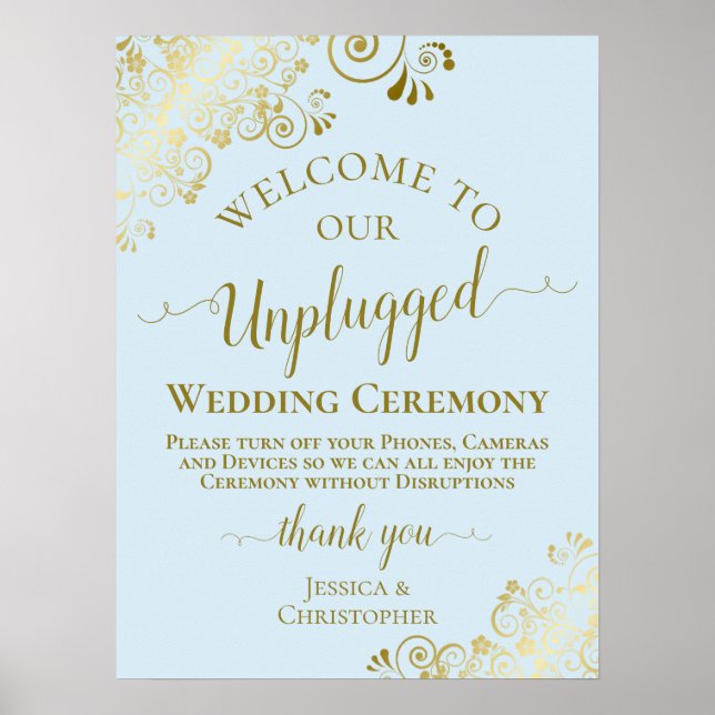 Pale Blue & Gold Unplugged Wedding Ceremony Poster (Front)