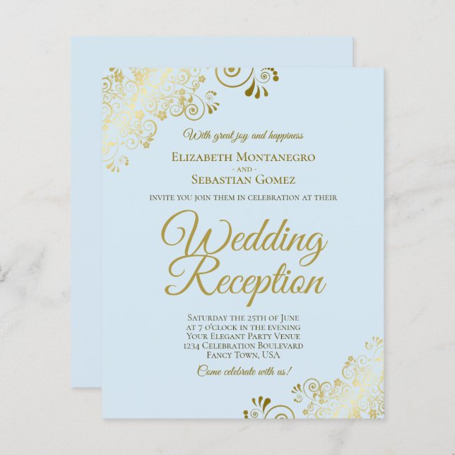 Pale Blue & Gold Wedding Reception BUDGET Invite (Front/Back)