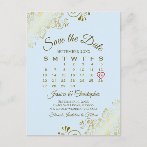 Pale Blue  Gold Wedding Save the Date Calendar Announcement Postcard