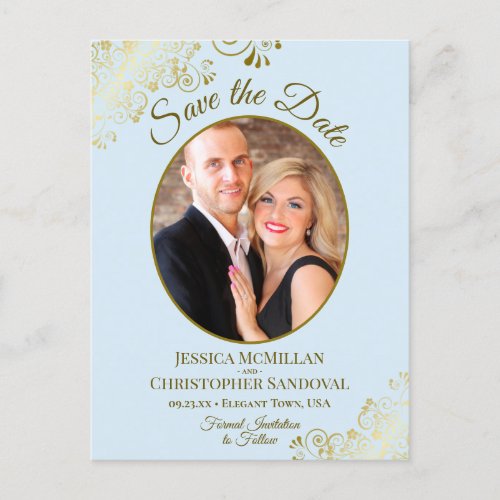 Pale Blue  Gold Wedding Save the Date Oval Photo Announcement Postcard