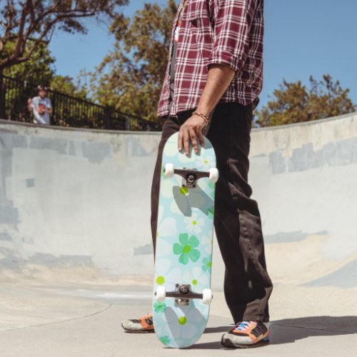 Pale Blue Green Teal Flower Power Skateboard