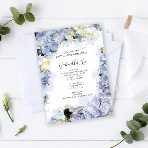 Pale Blue Hydrangea Flowers Watercolor Baby Shower Invitation