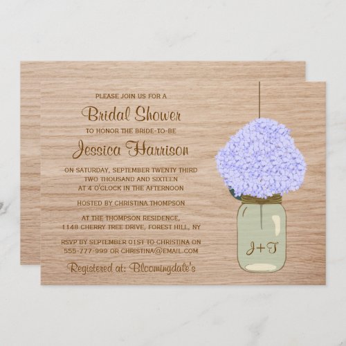 Pale Blue Hydrangea  Mason Jar Bridal Shower Invitation