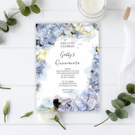 Pale Blue Hydrangea Watercolor Quinceanera Party Invitation