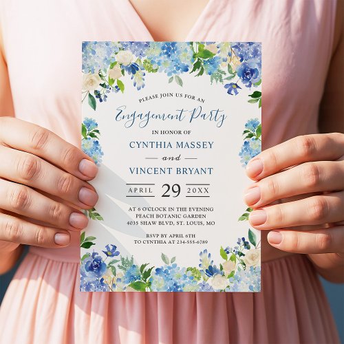 Pale Blue Hydrangeas Floral Engagement Party Card