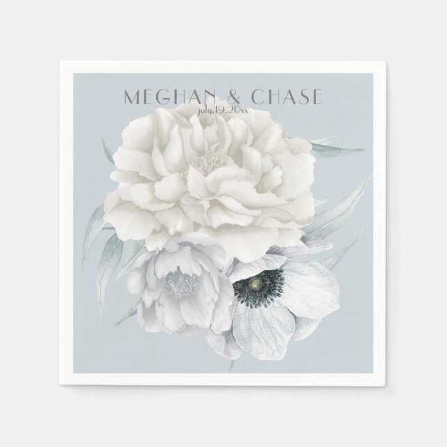Pale Blue Ivory Cream Floral Display Napkins (Front)