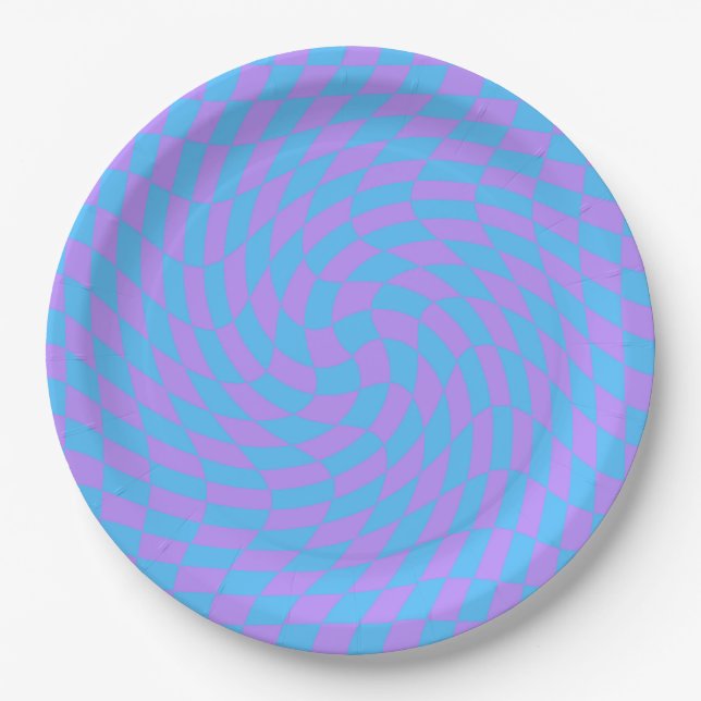 Pale Blue & Lavender Waved Checkered Pattern      Paper Plates (Front)