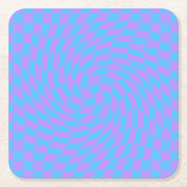 Pale Blue & Lavender Waved Checkered Pattern      Square Paper Coaster (Front)