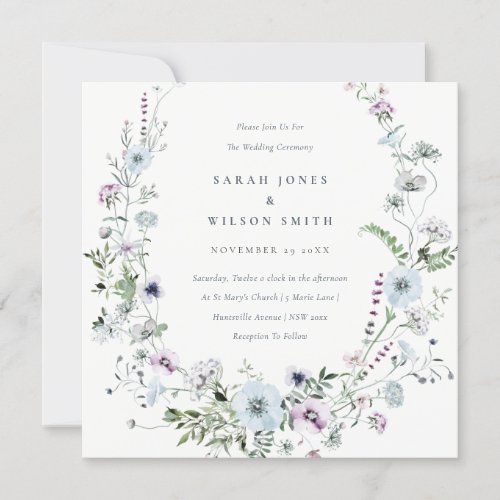 Pale Blue Lilac Wildflower Wreath Wedding Invite