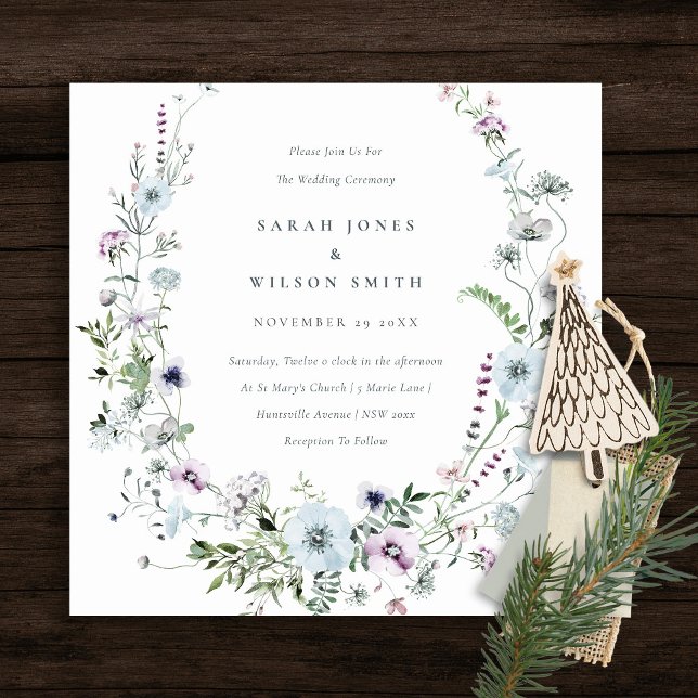 Pale Blue Lilac Wildflower Wreath Wedding Invite (Creator Uploaded)