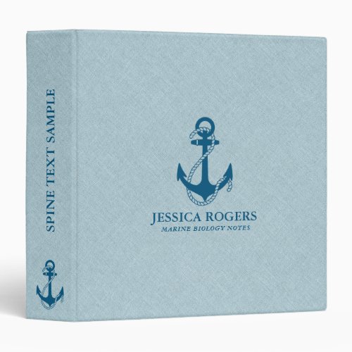 Pale Blue Linen  Royal Blue Nautical Boat Anchor 3 Ring Binder