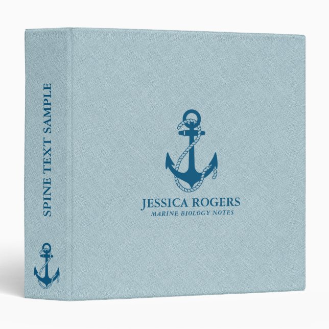 Pale Blue Linen & Royal Blue Nautical Boat Anchor 3 Ring Binder (Front/Spine)