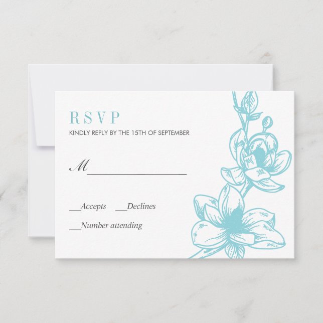 Pale Blue | Magnolia Flowers Bloom | Wedding RSVP Card (Front)
