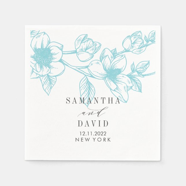Pale Blue Magnolia Wedding floral personalized Napkins (Front)