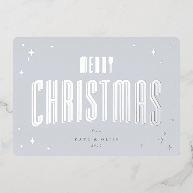 Pale Blue Merry Christmas Retro Stars Flat Foil Holiday Card (Front)
