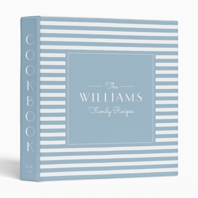 Pale Blue Modern Striped  Family Recipe Cookbook 3 Ring Binder (Front/Spine)