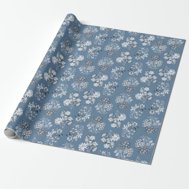 Pale Blue Monochrome Floral Wrapping Paper (Unrolled)