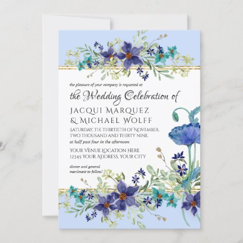 Pale Blue n Gold Watercolor Poppy Floral Wedding Invitation