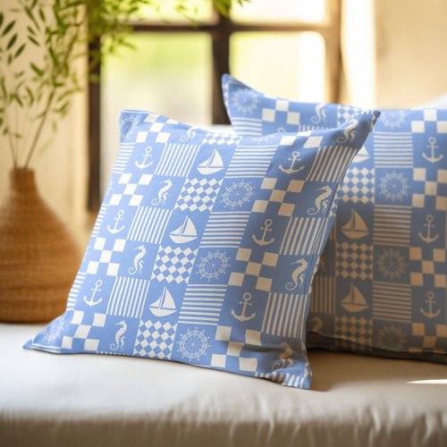 Pale Blue Nautical Patchwork Pattern Throw Pillow