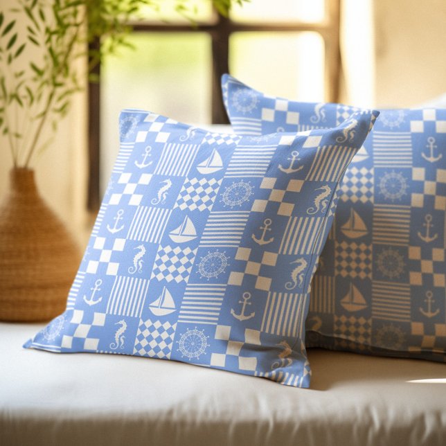 Pale Blue Nautical Patchwork Pattern Throw Pillow (Creator Uploaded)