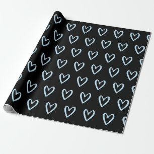 Pale Blue on Black Handdrawn Hearts Wrapping Paper