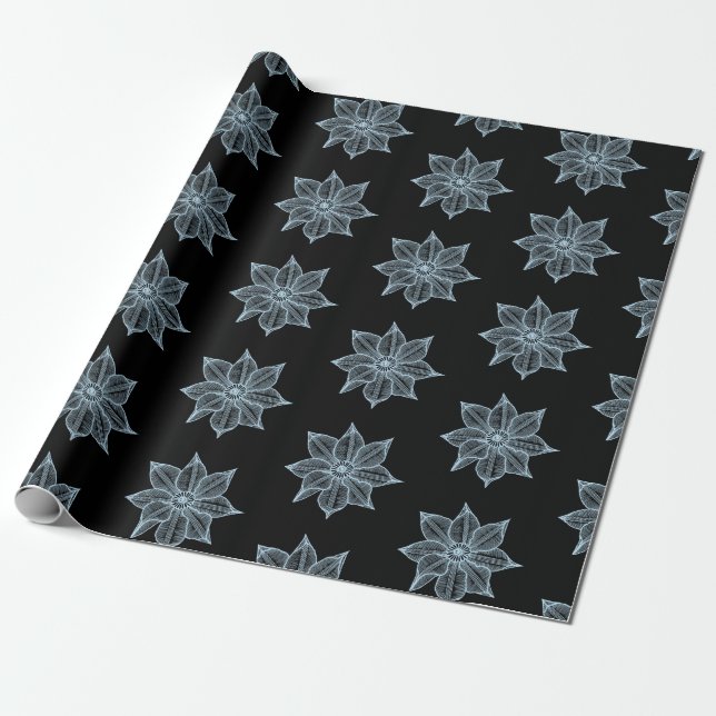 Pale Blue on Black Sketchy Flowers Wrapping Paper (Unrolled)
