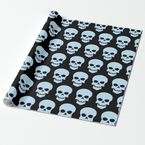 Pale Blue on Black Skulls Wrapping Paper