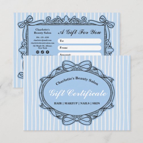 Pale Blue Ornate Bow Frame Salon Gift Certificate