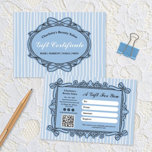 Pale Blue Ornate Bow Frame Salon Gift Certificate