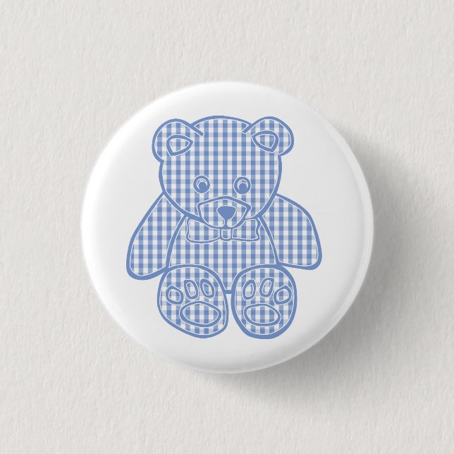 Pale Blue Pastel Gingham Teddy Bear Button (Front)