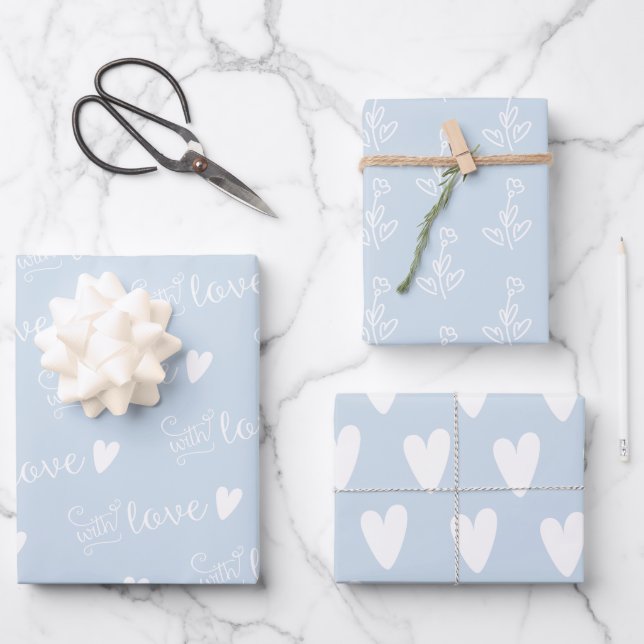 Pale Blue Patterned With Love Wrapping Paper Sheets (Front)