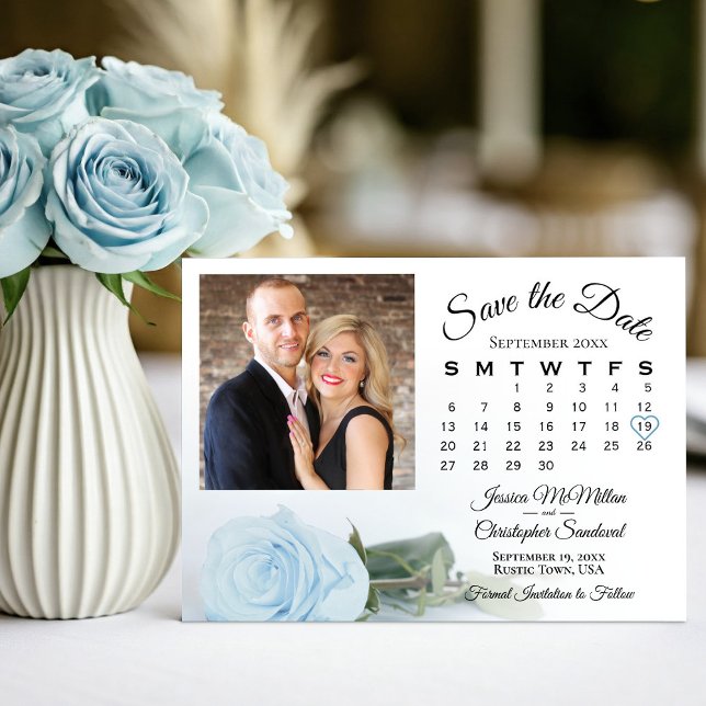 Pale Blue Rose Elegant Wedding Calendar & Photo Save The Date (Creator Uploaded)