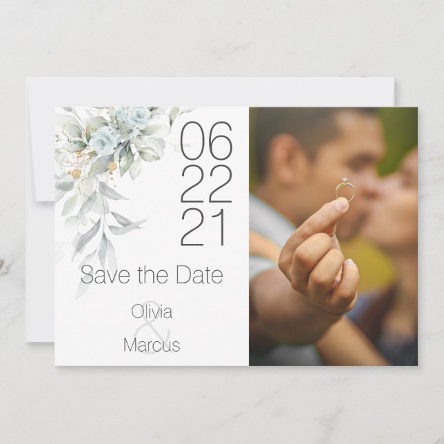 Pale Blue Rose Watercolor Photo Save the Date (Front)