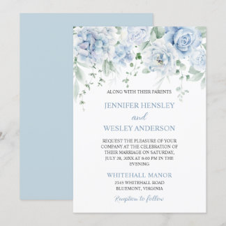 Pale Blue Roses Hydrangeas Wedding Invitation
