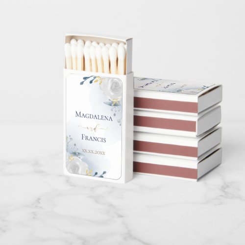 pale blue roses wedding matchboxes