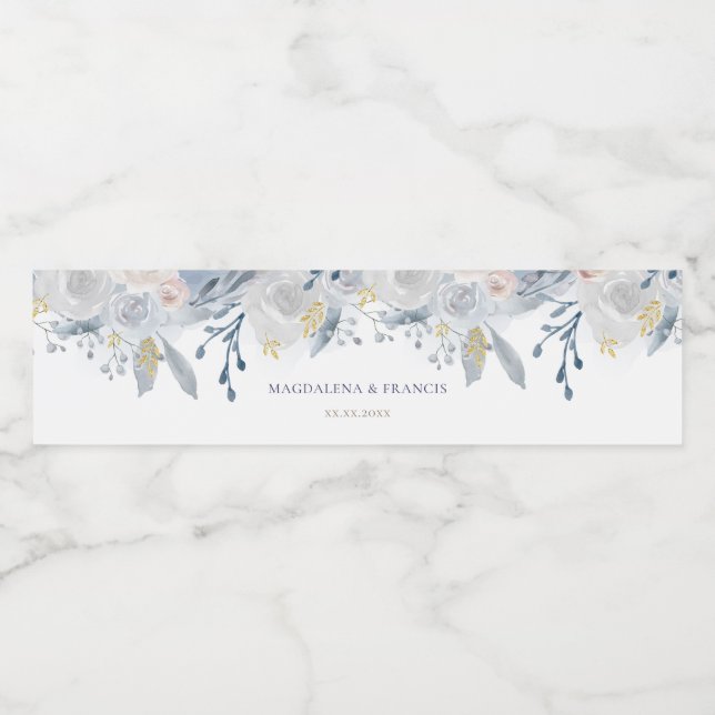 pale blue roses wedding water bottle label (Single Label)