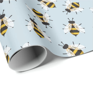 Pale Blue Rustic Bee Illustration Wrapping Paper