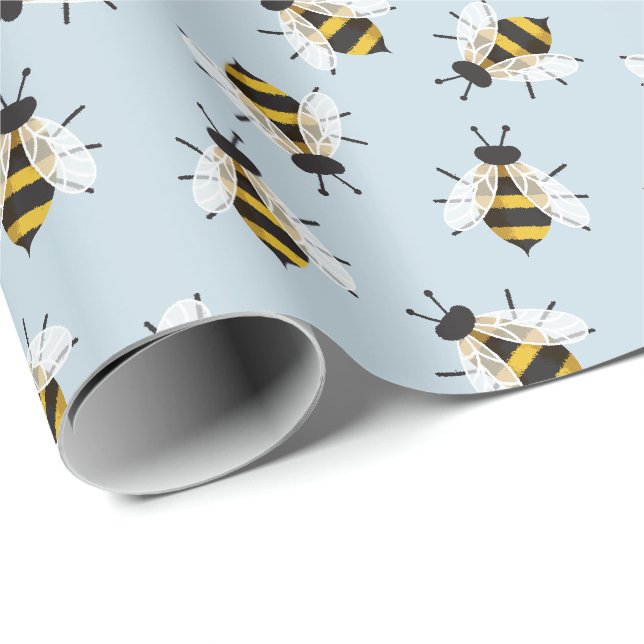 Pale Blue Rustic Bee Illustration Wrapping Paper (Roll Corner)