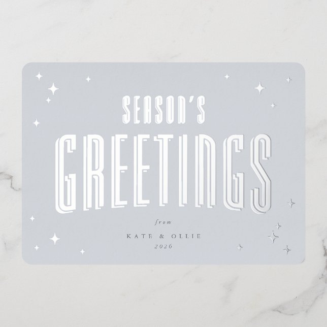 Pale Blue Season's Greetings Retro Stars Flat Foil Holiday Card (Front)