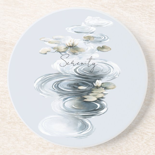 Pale Blue Serenity Lotus Flowers Lilypads Coaster (Front)